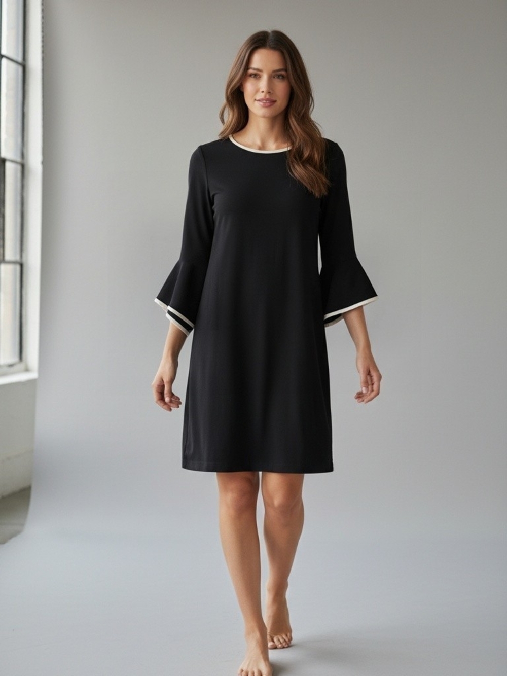 Tiana B.Black Bell-Sleeve Shift Dress with White Trim